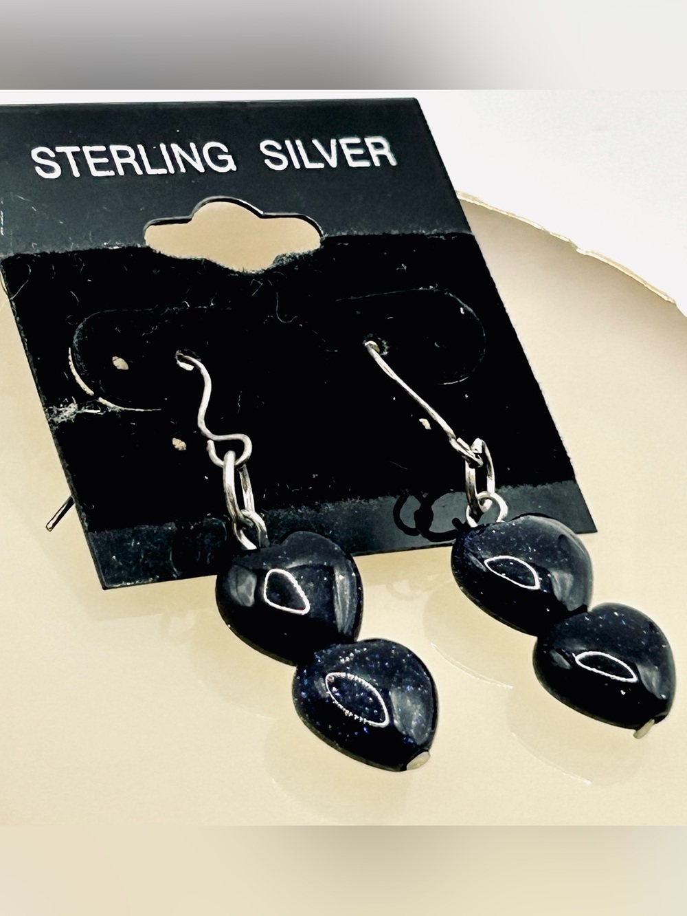 NWT Blue Sandstone Natural Gemstone Sterling Silver Heart Shape Drop Earrings